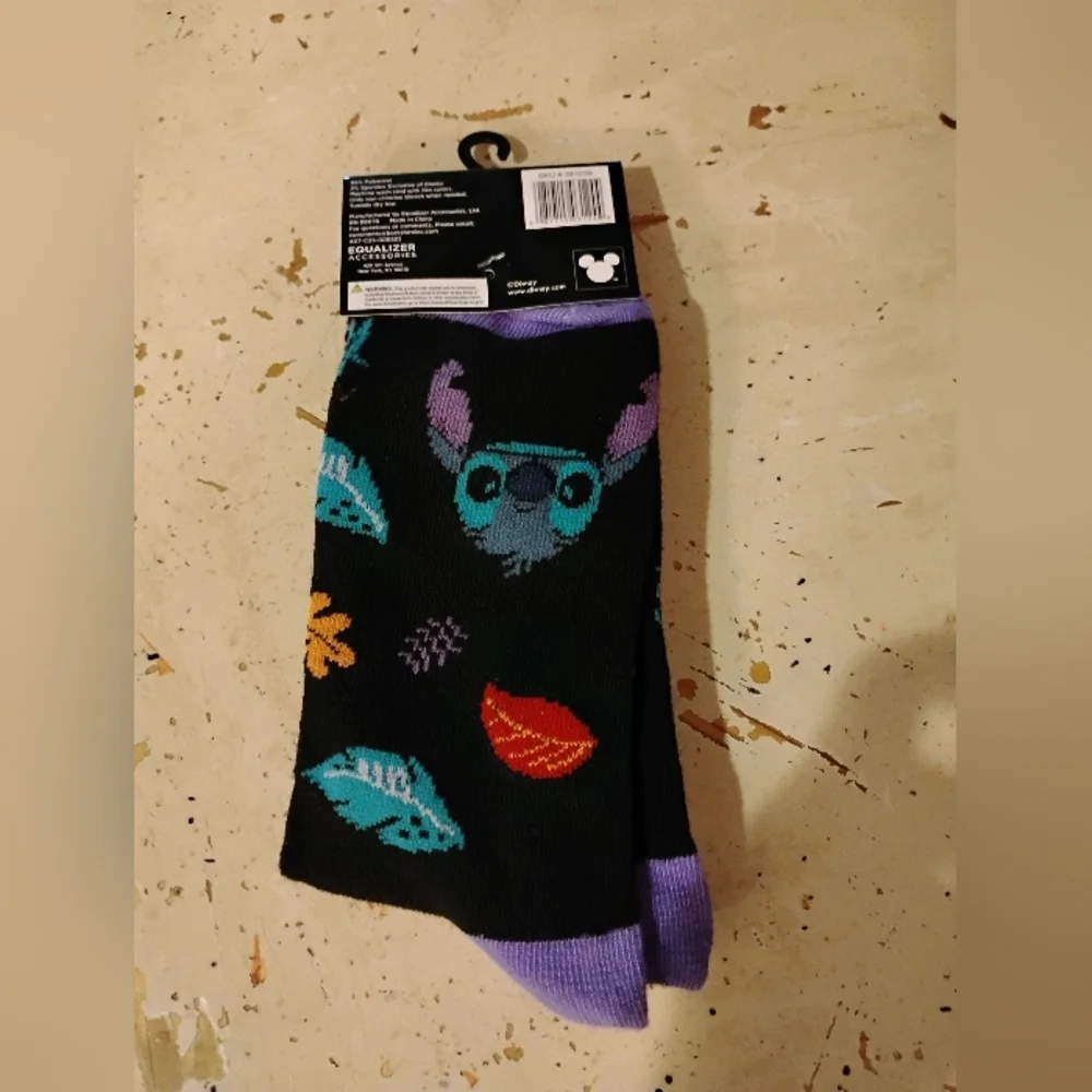 Disney Black Crew Socks Stitch Images and Purple Accents Size 9-13 Polyst-Spandx